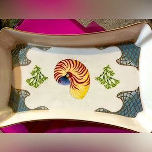 Lynn Chase Rare St Tropez Tray Sea Shell Nautical Gold Edge 10”x5”